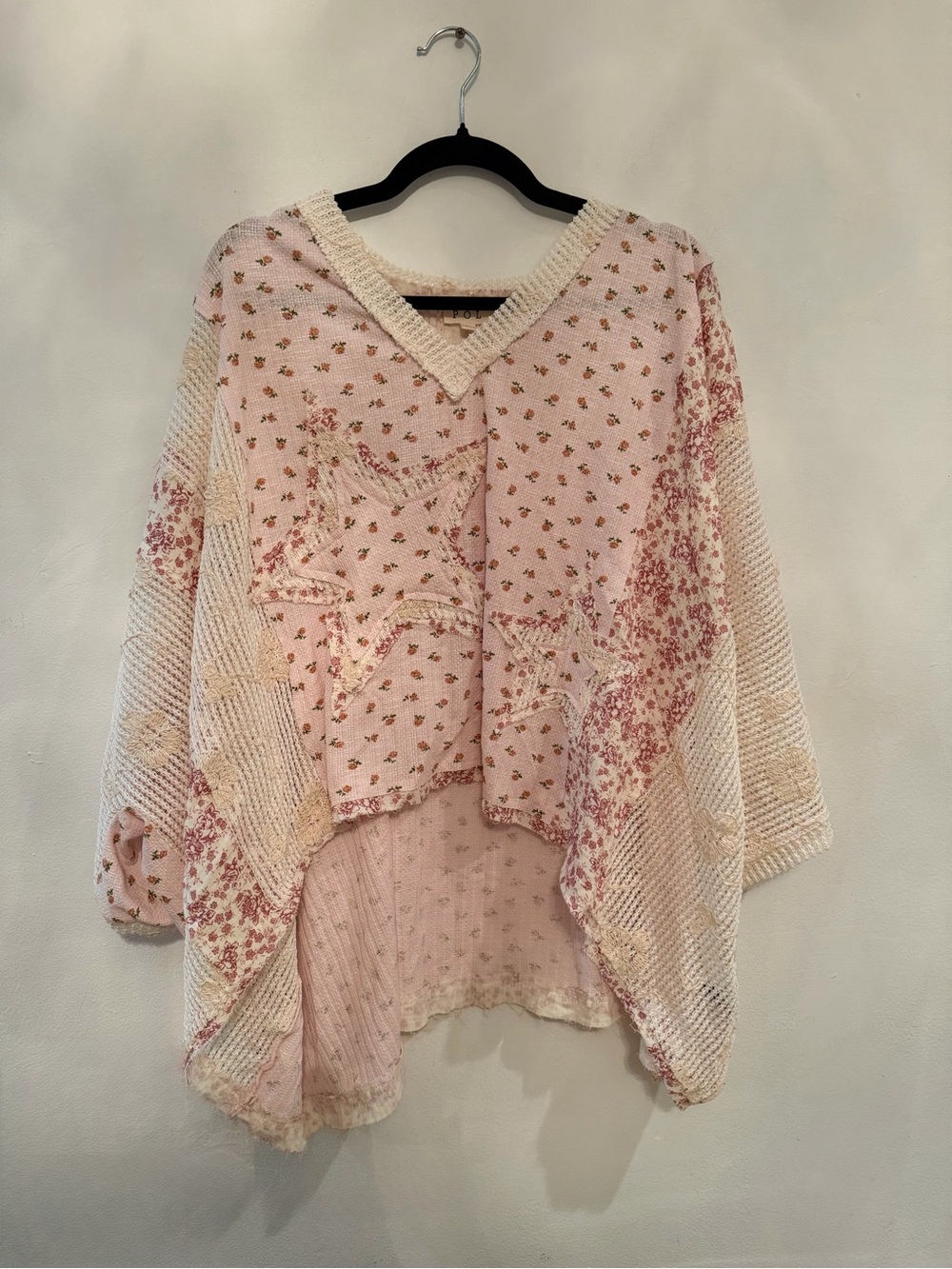 POL Pink Star Patchwork V-Neck Pullover Sweater - Size L
